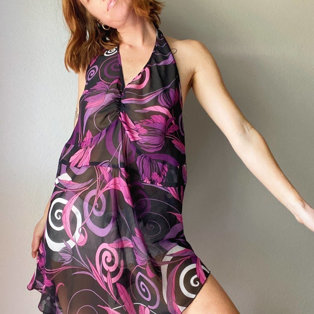 Vintage Y2K Fashion Bug Purple Swirly Halter Flowy Halter Tunic